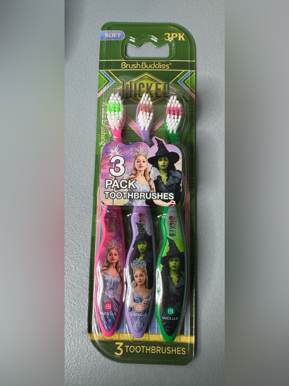 Brush Buddies wicked movie 3-Pack Kids Toothbrushes - Pink, Purple, Green